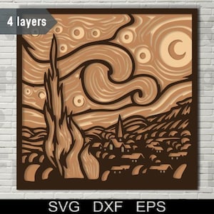 Sternennacht Van Gogh mehrschichtige SVG, DXF Laserschnitt, geschichtetes Sperrholz, Papierschnitt, CNC-Fräserdatei, Cricut, 3D-Mandala, Holzdekor