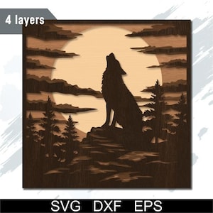 Puede incluir: Una obra de arte de madera en capas que presenta la silueta de un lobo aullando contra una luna llena y un fondo de bosque. La obra de arte está en tonos marrones y beige, con el texto "4 layers" en la parte superior y "SVG DXF EPS" en la parte inferior.