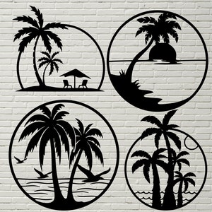 May include: Four black metal wall decor pieces featuring palm trees and ocean waves. Each piece is a circle with a different design. The top left piece shows two palm trees with a beach umbrella and chairs. The top right piece shows a palm tree with a small island and ocean waves. The bottom left piece shows two palm trees with ocean waves. The bottom right piece shows three palm trees with ocean waves.