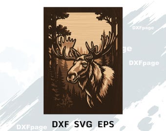 Moose Layered SVG, 3D Wild Holz Kunst, Laser Cut Datei für Glowforge, Waldszene Sperrholz Dekor, Cabin Wandkunst, CNC DXF