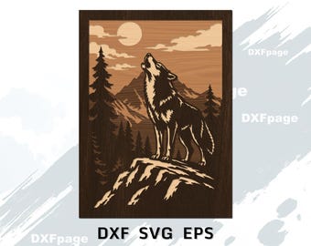 Layered Wolf SVG, heulender Wolf Bergszene, mehrschichtige Sperrholz Wandkunst, 3D Wolf Laser Cut Datei, Wildtier Dekor, DXF CNC Fräser