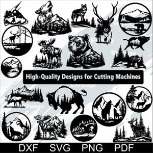 Pacchetto SVG di fauna selvatica, file di taglio DXF di scene selvagge, silhouette di cervi, orsi e lupi, animali della foresta in formato SVG, disegni pronti per Cricut, laser, plasma CNC