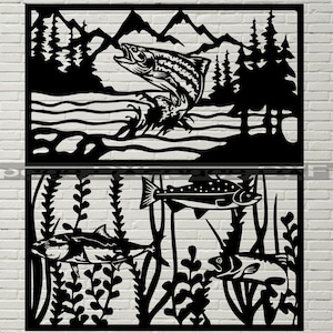 File DXF scena di pesce per plasma, taglio laser, cnc, silhouette dxf, svg per cricut, arte della parete in legno, pannello metallico, stencil faunistico Trota basso