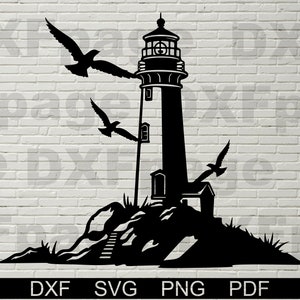 May include: Black silhouette of a lighthouse on a rocky cliff with three birds flying overhead. The lighthouse has a small house at the base and a tall tower with a light on top. The image is set against a white brick wall background.