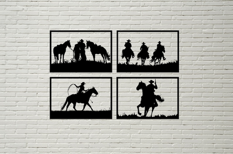 May include: Set of four black silhouette wall art pieces depicting cowboys riding horses. The silhouettes are framed in black and mounted on a white brick wall.