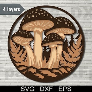 Paddenstoel meerlaagse SVG, DXF lasergesneden, gelaagd multiplex, papier snijden, cnc-router gesneden bestand, cricut, 3D-mandala, kunst aan de muur bos hout