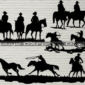 4 Cowboy Szene SVG DXF, Western Plotterdatei für Laser, Dxf für Plasma, Cnc Datei, Wanddeko, Svg für Cricut, Silhouette Decal, Wild West Design