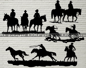 May include: Silhouettes of cowboys riding horses. The cowboys are wearing hats and are holding reins. The horses are in various poses, some are running, some are standing still. The background is a white brick wall.