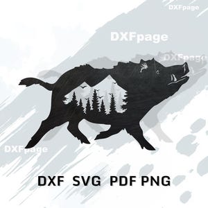 Puede incluir: Silueta negra de un jabalí con una escena de montaña y bosque recortada en su interior. La imagen incluye el texto "DXF SVG PDF PNG" en la parte inferior, sugiriendo archivos de diseño digital.