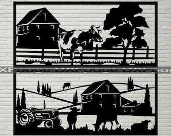 Scène de ferme de vache DXF SVG, fichier de coupe de ferme, fichiers dxf pour plasma, dxf pour laser, cricut, Laser dxf, Vector Animals, décor de mur métallique, panneau de ranch