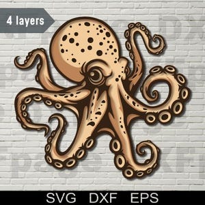 May include: A detailed illustration of an octopus in shades of tan and brown, with a textured appearance. The octopus has a rounded head with dark spots and multiple curling tentacles. The image includes the text "4 layers" and "SVG DXF EPS".