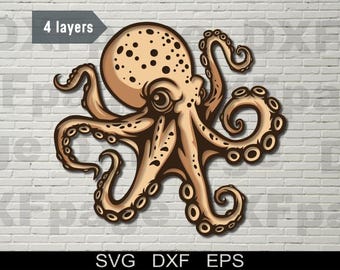 Octopus multilayer SVG, DXF 3D Layered Sperrholz Cut Datei, Papierschnitt, dxf Datei für Laser cnc, Cricut 3D Mandala Holz Wandkunst, Shadow Box