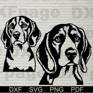 Puede incluir: Silueta en blanco y negro de dos cabezas de perro Beagle. Los perros miran directamente al espectador.