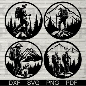 Wanderer für Cricut DXF, Dateien Laser geschnitten, dxf für Laser, Adventure cnc Holz Wand Dekor, Papierschnitt Vorlage, Metallschild, Berge