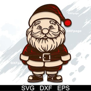 Puede incluir: Una figura de madera de Papá Noel con una combinación de colores rojo y marrón. La figura tiene barba, bigote y cejas blancas. Papá Noel lleva un gorro y abrigo rojos con un cinturón negro. La imagen tiene el texto "SVG DXF EPS" en la parte inferior.