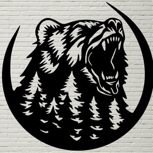 May include: Black and white silhouette of a bear's head roaring with a forest background inside a circle.