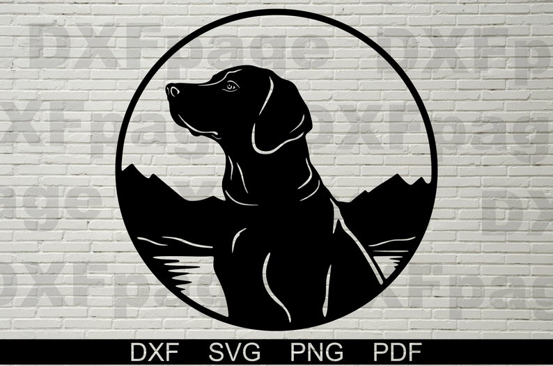 May include: Black and white silhouette of a dog's head in a circle, with mountains in the background.