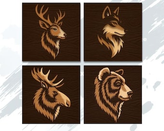 May include: Four square wooden panels with animal portraits. A deer, wolf, moose, and bear are depicted in a detailed, golden-brown style against a dark brown wood grain background. The bottom of the image displays the text "SVG DXF EPS".
