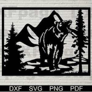Bär Szene Panel DXF, Schneidedatei, Dxf Dateien für Laser geschnitten, Laser graviert, Dxf für Cnc, Vektor Grizzly, Holzwanddekor, Cricut, Metallkunst