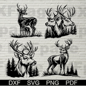 Fascio di cervi dxf, svg, scena di fauna selvatica, file dxf per plasma, taglio laser, cnc, arte murale in metallo e legno, modello di ritaglio di carta, taglio di compensato stampabile