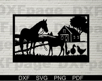 May include: Black metal farm scene silhouette featuring a horse, a donkey, a barn, and various farm animals. The design includes a fence, trees, and the text "DXF SVG PNG PDF" at the bottom. This artwork is suitable for home decor.