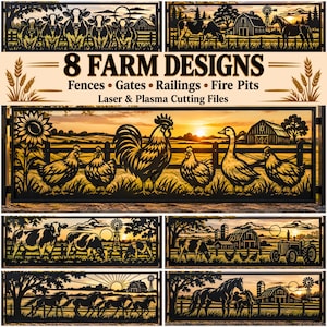 May include: A collection of eight black metal laser-cut panels featuring farm scenes with cows, horses, chickens, roosters, barns, and windmills. The text 8 FARM DESIGNS Fences Gates Railings Fire Pits Laser & Plasma Cutting Files is displayed.