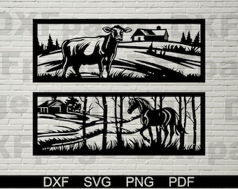 Farm cut files, DXF stencil, svg for cricut, dxf files for plasma cnc, laser cut, Vector Animals, wood wall decor, metal panels, cow, horse