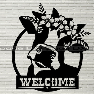 牛のウェルカム サイン DXF CNC、レーザー用 dxf ファイル、Cricut 用 SVG ファイル、シルエット dxf、農場の動物の svg、プラズマ用 dxf ファイル、花柄の牧場装飾