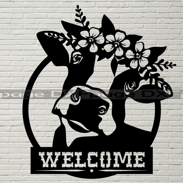 Cow Welcome sign DXF CNC, dxf file for laser, SVG File for Cricut, Silhouette dxf, farm animal svg,  dxf file for plasma, floral ranch decor