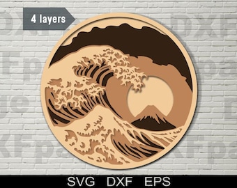 Great Wave multilayer SVG, DXF laser cut, Layered Plywood, Paper cutting, cnc router file, cricut, 3D mandala, Wooden Decor, sea, ocean