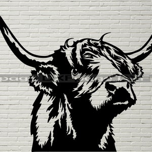 Highland Cow SVG, dxf-bestand voor laser, SVG-bestand voor Cricut, boerderijdierteken svg, dxf-bestand voor plasma, ranchdecor, koeienkop, stierclipart