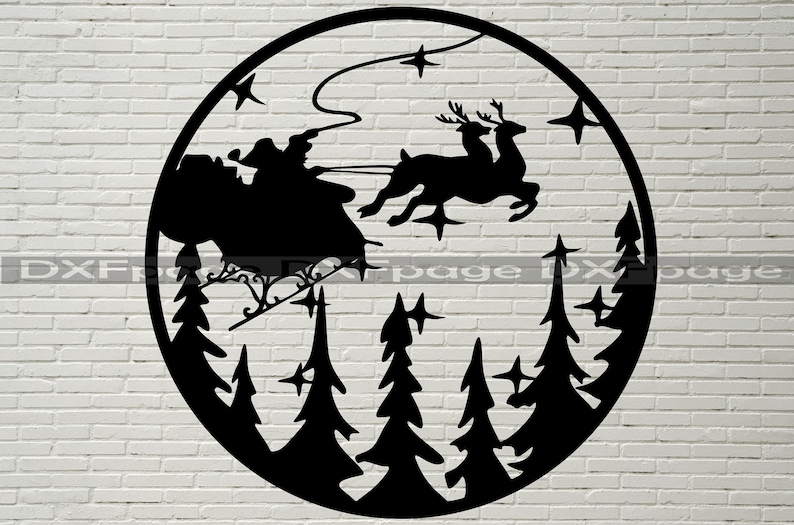 May include: Black and white silhouette of Santa Claus flying in a sleigh pulled by two reindeer. The sleigh is flying over a forest of pine trees with stars in the sky.