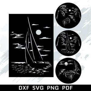 Boat Scene SVG, yacht dxf laser cut, dxf files for plasma, cnc file, SVG for cricut, Silhouette, papercut template, Metal Art image 1
