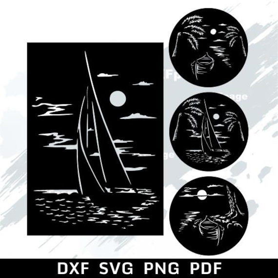 Boat Scene SVG, yacht dxf laser cut, dxf files for plasma, cnc file, SVG for cricut, Silhouette, papercut template, Metal Art