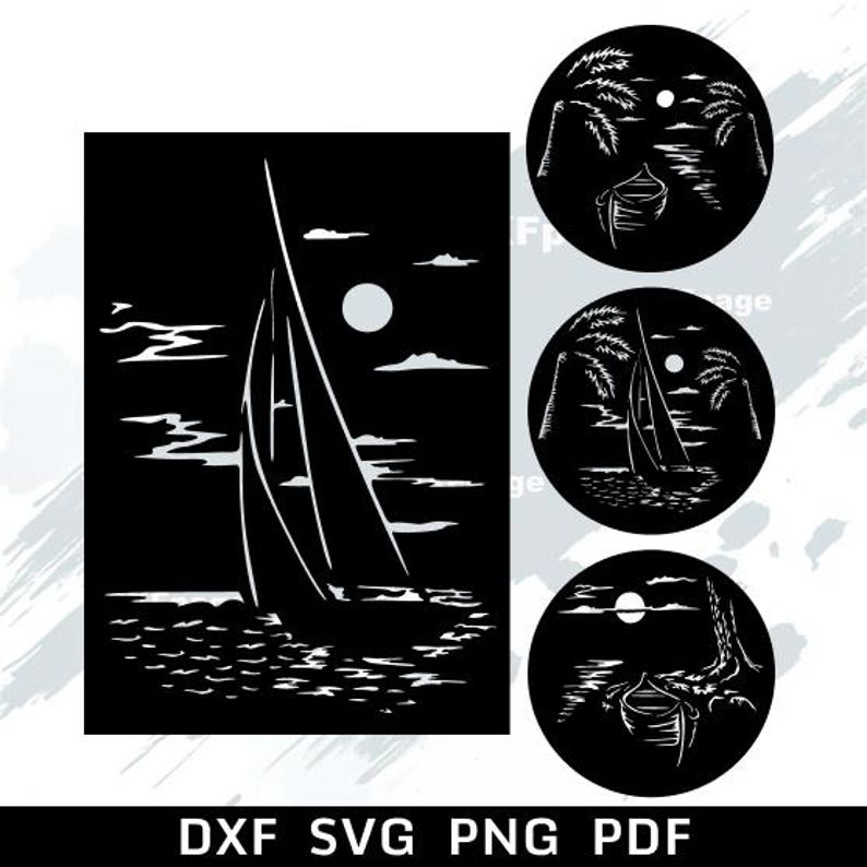 Boat Scene SVG, yacht dxf laser cut, dxf files for plasma, cnc file, SVG for cricut, Silhouette, papercut template, Metal Art image 1