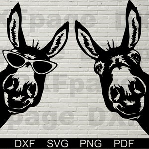 May include: Two black and white donkey silhouettes with sunglasses peeking out from behind a white brick wall. The donkey on the left is wearing sunglasses.