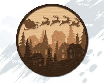 Weihnachten Laser Cut Design SVG DXF, Türhänger, 3D-Schicht Sperrholz, Multilayer-Scherenschnitt, Cnc, Cricut, Holzdekor, Glowforge