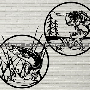 Bass Fish scene Svg, File DXF di pesca per plasma, Taglio laser, cnc, svg per cricut, arte della parete in legno, pannello metallico, stencil della fauna selvatica, Vector