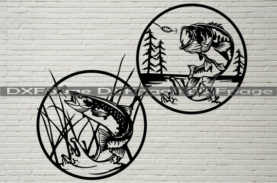 Bass Fish scene Svg, Fishing DXF files for plasma, Laser cutting, cnc, svg for cricut, wood wall art, metal panel, wildlife stencil, Vector