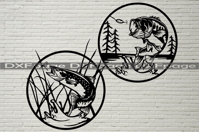 May include: Two black and white silhouette designs of bass fish jumping out of the water. The first design shows a bass jumping out of the water with a fly fishing lure in its mouth. The second design shows a bass jumping out of the water with reeds and lily pads in the background.