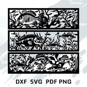 Könnte beinhalten: Schwarz-weißes Laser-Cut-Design mit drei Tafeln mit Fischen und Wasserpflanzen. Die obere Tafel zeigt einen einzelnen Fisch, die mittlere Tafel zeigt einen Bass und die untere Tafel zeigt mehrere Fische. Der Text "DXF SVG PDF PNG" befindet sich unten.