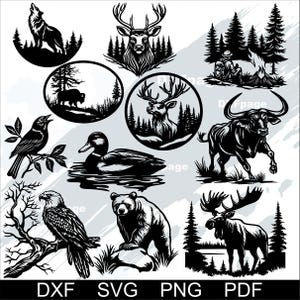 Wildlife SVG Bundle | Forest Animal Silhouettes | Bear, Moose, Wolf, Mallard, Eagle, Buffalo, Deer, DXF Png PDF Cut Files for Cricut & Laser
