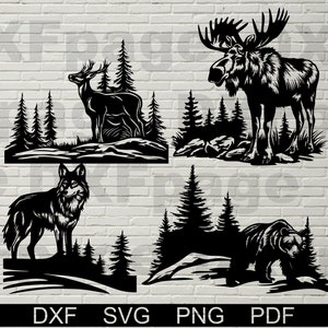 Wildlife scène SVG, dieren gesneden bestand laser, dxf voor plasma, Bear cnc houten wanddecor, svg voor Cricut, silhouet dxf, papercut sjabloon
