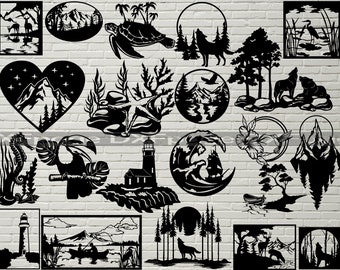May include: A collection of 16 black and white silhouette designs featuring various nature scenes, animals, and objects. The designs include a lighthouse, a seahorse, a toucan, a turtle, a wolf, a mountain, a tree, a boat, a star, and a bird. These designs are perfect for creating custom crafts, home decor, or digital art.