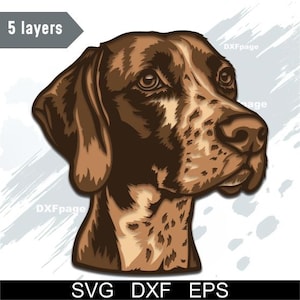May include: A digital illustration of a dog's head in brown and tan tones. The dog has a detailed snout and expressive eyes. The image includes the text "5 layers" and file type options: SVG, DXF, and EPS.