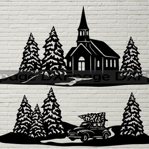 Winter scene SVG, Christmas Church DXF Cut file, Cricut clipart, dxf file for laser, papercut template, christmas tree car Stencil, vector