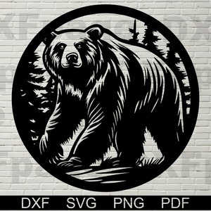 May include: Black and white silhouette of a bear standing in a forest. The bear is facing forward with its head turned slightly to the right. The bear is surrounded by trees and bushes. The image is in a circle.