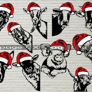 Christmas Farm Animals svg bundle, Peeking vector Cut Files, Laser cnc dxf file, cricut, holiday clipart, xmas vinyl design, santa hat, png