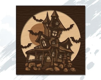 Halloween multilayer SVG, Haunted House DXF Laser geschnitten, geschichtetes Sperrholz, Scherenschnitt, Cricut, 3D, Halloween Holzdekor