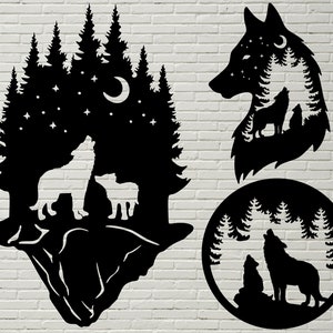 May include: Three black metal wall art designs featuring wolves and trees. The first design shows a wolf howling at the moon in a forest. The second design shows a wolf's head with trees inside. The third design shows two wolves howling in a forest.